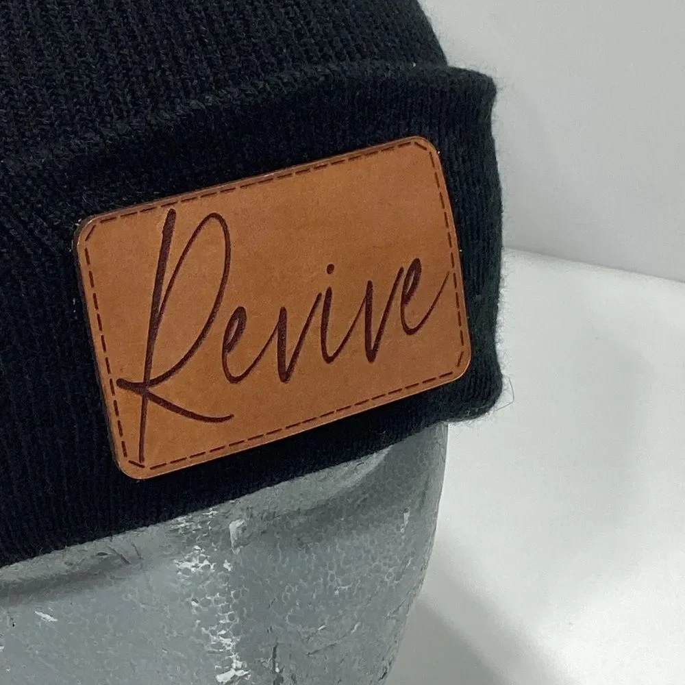 Black Knit Hat Beanie Revive Leather Front Patch With H Logo